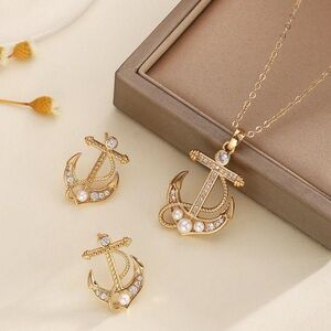 ⚓️GoldTone Pearl Embellished Nautical Necklace & Earrings set
